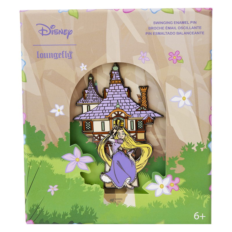 3" Collector Box Pin featuring Rapunzel swinging from the tower by her hair 